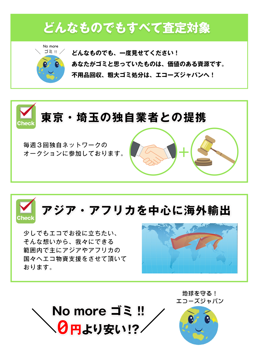 どんなものでもすべて査定対象！東京・埼玉の独自業者との提携！アジア・アフリカを中心に海外輸出！