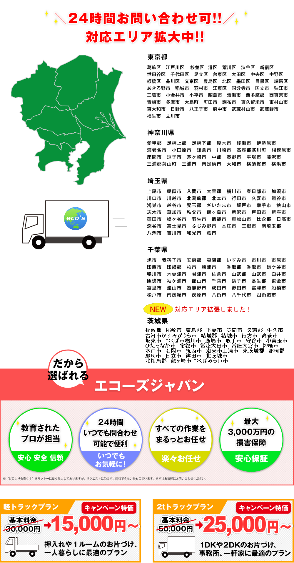 東京都、葛飾区　江戸川区　江東区　港区　荒川区　渋谷区　新宿区　杉並区　世田谷区　千代田区　足立区　台東区　大田区　中央区　中野区　板橋区　品川区　文京区　豊島区　北区　墨田区　目黒区　練馬区　あきる野市　稲城市　羽村市　国分寺市　国立市　狛江市　三鷹市　小金井市　小平市　昭島市　清瀬市　西多摩郡　西東京市　青梅市　多摩市　大島町　町田市　調布市　東久留米市　東村山市　東大和市　日野市　八王子市　府中市　武蔵村山市　武蔵野市　福生市　立川市。神奈川県、愛甲郡　足柄上郡　足柄下郡　厚木市　綾瀬市　伊勢原市　海老名市　小田原市　鎌倉市　川崎市　高座郡寒川町　相模原市　座間市　逗子市　茅ヶ崎市　中郡　秦野市　平塚市　藤沢市　三浦郡葉山町　三浦市　南足柄市　大和市　横須賀市　横浜市。埼玉県、上尾市　朝霞市　入間市　大里郡　桶川市　春日部市　加須市　川口市　川越市　北葛飾郡　北本市　行田市　久喜市　熊谷市　鴻巣市　越谷市　児玉郡　さいたま市　坂戸市　幸手市　狭山市　志木市　草加市　秩父市　秩父　鶴ヶ島市　所沢市　戸田市　新座市　蓮田市　鳩ヶ谷市　羽生市　飯能市　東松山市　比企郡　日高市　深谷市　富士見市　ふじみ野市　本庄市　三郷市　南埼玉郡　八潮市　吉川市　和光市　蕨市。千葉県、旭市　我孫子市　安房郡　夷隅郡　いすみ市　市川市　市原市　印西市　印旛郡　柏市　勝浦市　香取郡　香取市　鎌ケ谷市　鴨川市　木更津市　君津市　佐倉市　山武郡　山武市　白井市　匝瑳市　袖ケ浦市　館山市　千葉市　銚子市　長生郡　東金市　富里市　流山市　習志野市　成田市　野田市　富津市　船橋市　松戸市　南房総市　茂原市　八街市　八千代市　四街道市。茨城県、稲敷郡　稲敷市　猿島郡　下妻市　笠間市　久慈郡　牛久市　古河市かすみがうら市　結城郡　結城市　行方市　高萩市　坂東市　つくば市　桜川市　鹿嶋市　取手市　守谷市　小美玉市 ひたちなか市　常総市　常陸太田市　常陸大宮市　神栖市　水戸市　石岡市　筑西市　潮来市土浦市　東茨城郡　那珂郡 那珂市　日立市　鉾田市　北茨城市　北相馬郡　龍ヶ崎市 つくばみらい市。だから選ばれる、エコーズジャパン！